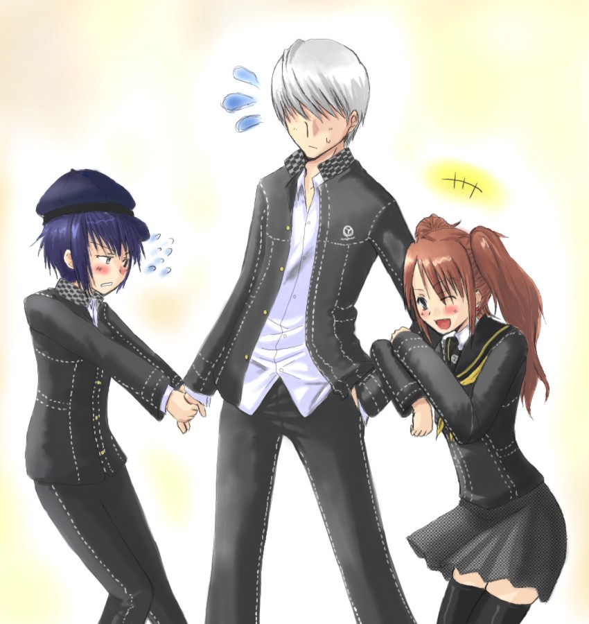 kujikawa rise, narukami yu, shirogane naoto, atlus, persona, persona 4, silver hair, 1boy, 2girls, ^^^, androgynous, bad anatomy, black serafuku, blue hair, blush, cling, collarbone, emblem, flying sweatdrops, hat, hug, long sleeves, looking at viewer, multiple girls, newsboy cap, pimp, poorly drawn, sailor collar, school uniform, serafuku, short hair, standing, thighhighs, twintails, zettai ryouiki