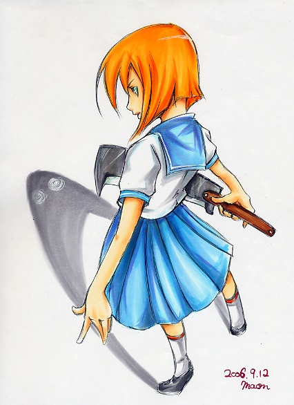 maon, ryuuguu rena, higurashi no naku koro ni, marker (medium), traditional media, 00s, 1girl, billhook, female focus, hashitsuki nata, hatchet, nata (tool), orange hair, school uniform, solo
