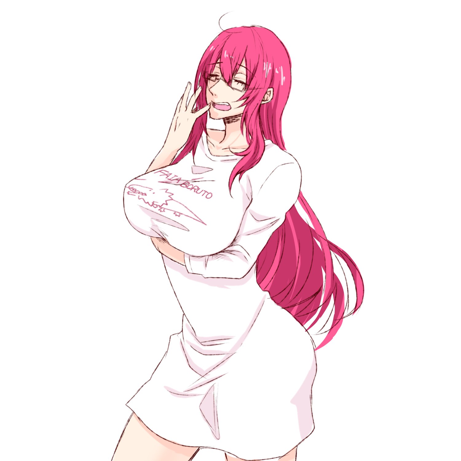 sorcerer (ragnarok online), ragnarok online, commentary request, highres, 1girl, alternate costume, arm under breasts, black-framed eyewear, breasts, closed eyes, clothes writing, cowboy shot, fujita (fuzuneko), glasses, large breasts, long hair, open mouth, oversized clothes, oversized shirt, pink hair, shirt, simple background, solo, very long hair, white background, white shirt, yawning