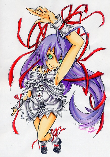maon, al azif (demonbane), demonbane, marker (medium), traditional media, 00s, frills, green eyes, hair ribbon, long hair, purple hair, ribbon, solo, wrist cuffs