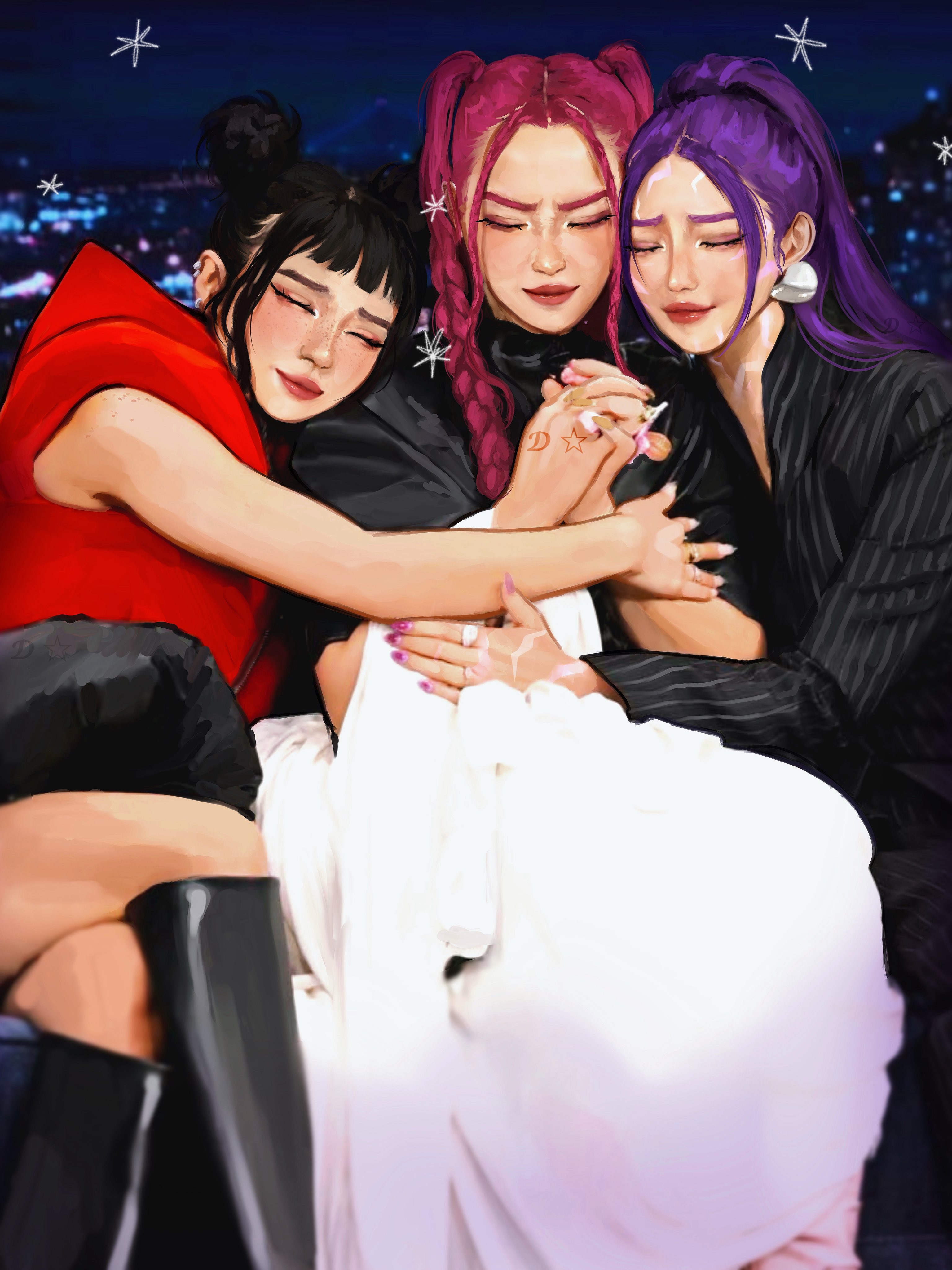 dannyisonfiree, mira (kpop demon hunters), rumi (kpop demon hunters), zoey (kpop demon hunters), kpop demon hunters, absurdres, highres, 3girls, black boots, black hair, black suit, boots, braid, double bun, earrings, formal clothes, hair bun, holding hands, hug, jewelry, multiple girls, multiple rings, pink hair, pink nails, ponytail, purple hair, red lips, red vest, ring, suit, twin braids, vest