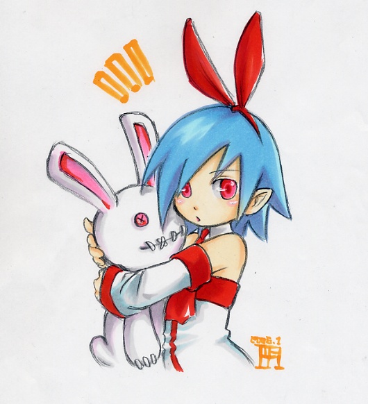 maon, pleinair, usagi-san, disgaea, makai senki disgaea, makai senki disgaea 2, makai senki disgaea 3, nippon ichi, original, marker (medium), traditional media, 00s, 1girl, blue hair, bow, demon girl, detached sleeves, elbow gloves, female focus, gloves, pointy ears, rabbit, red eyes, short hair, solo, stuffed animal, stuffed rabbit, stuffed toy