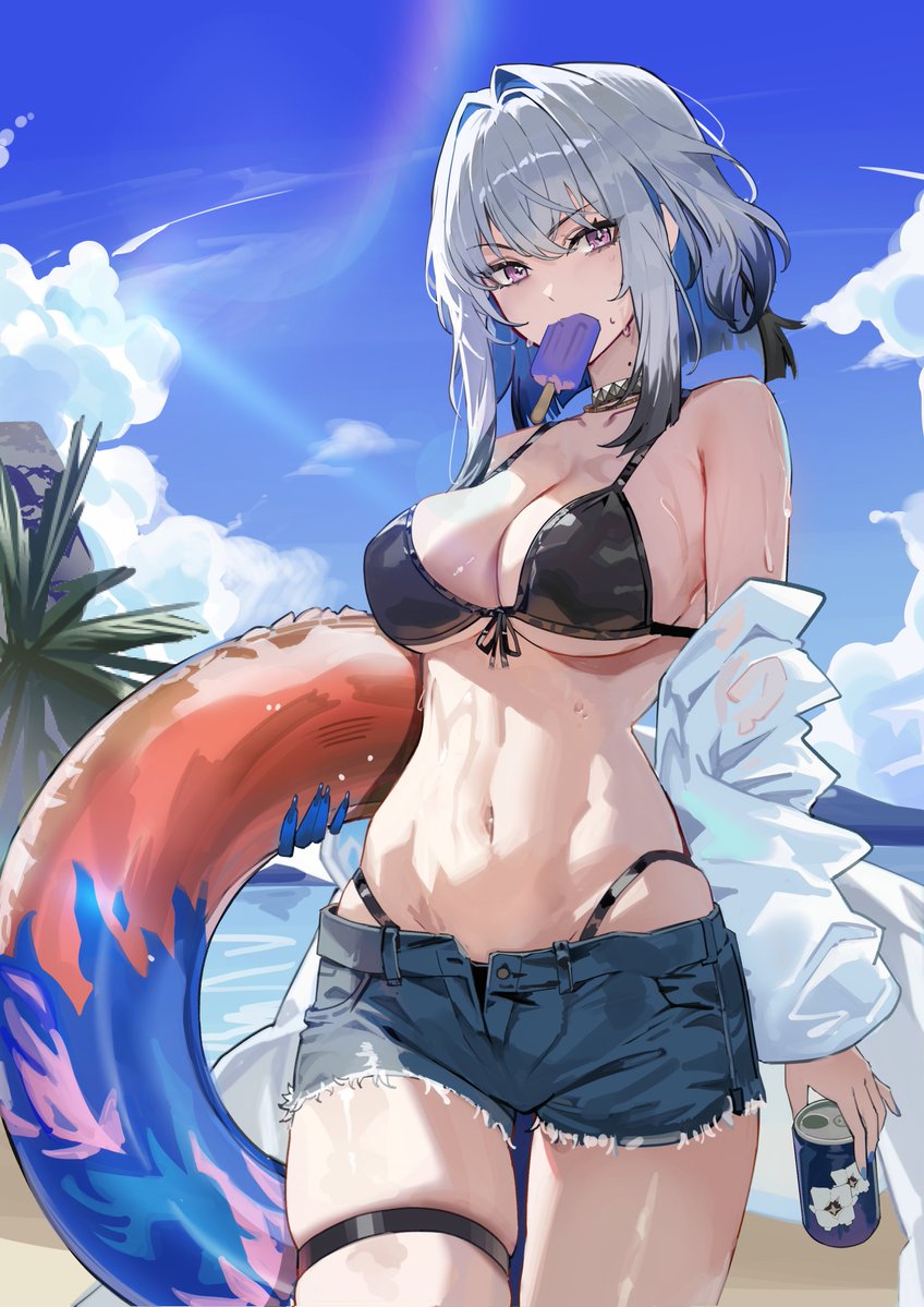 maanu, galbrena (wuthering waves), wuthering waves, commentary, 1girl, alternate costume, bare shoulders, bikini, black bikini, blue sky, can, day, denim, denim shorts, drink can, grey hair, hair intakes, holding, holding can, holding swim ring, innertube, looking at viewer, medium hair, navel, open fly, outdoors, purple eyes, shorts, sky, solo, stomach, swim ring, swimsuit, thigh strap, thighs, wet