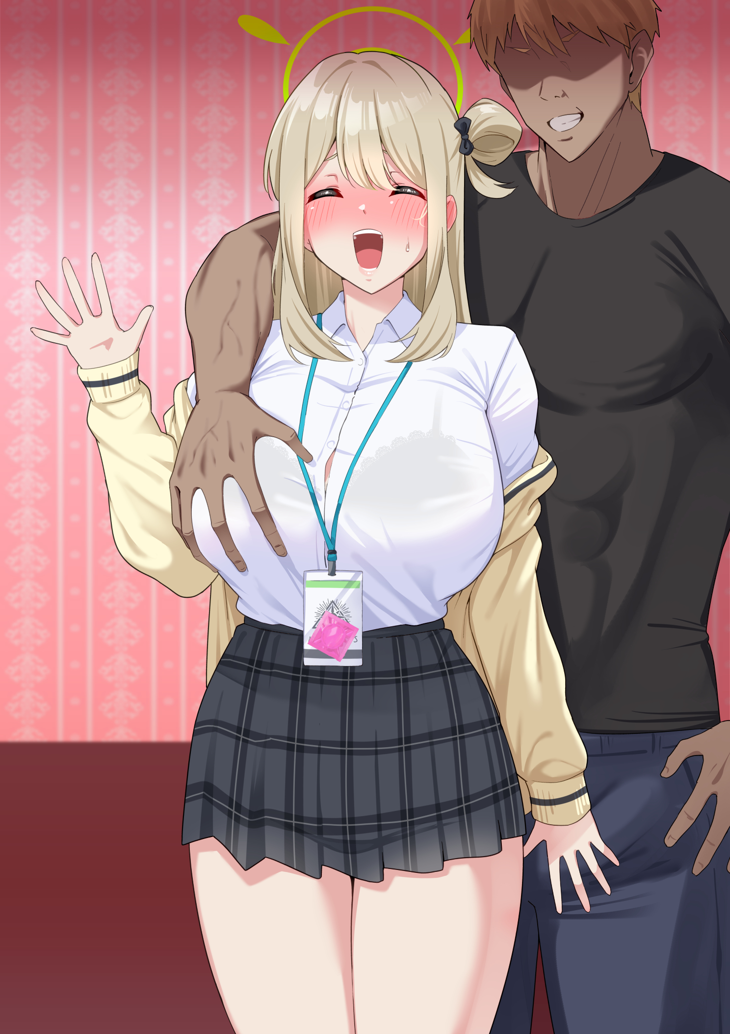 nanohana (november.), nonomi (blue archive), blue archive, highres, paid reward available, 1boy, 1girl, black shirt, black skirt, blonde hair, blush, breasts, closed eyes, condom, condom wrapper, cowboy shot, dark-skinned male, dark skin, grabbed breast over shoulder, grabbing another's breast, groping, halo, indoors, large breasts, long hair, miniskirt, netorare, pleated skirt, shirt, skirt, waving, white shirt, yellow halo