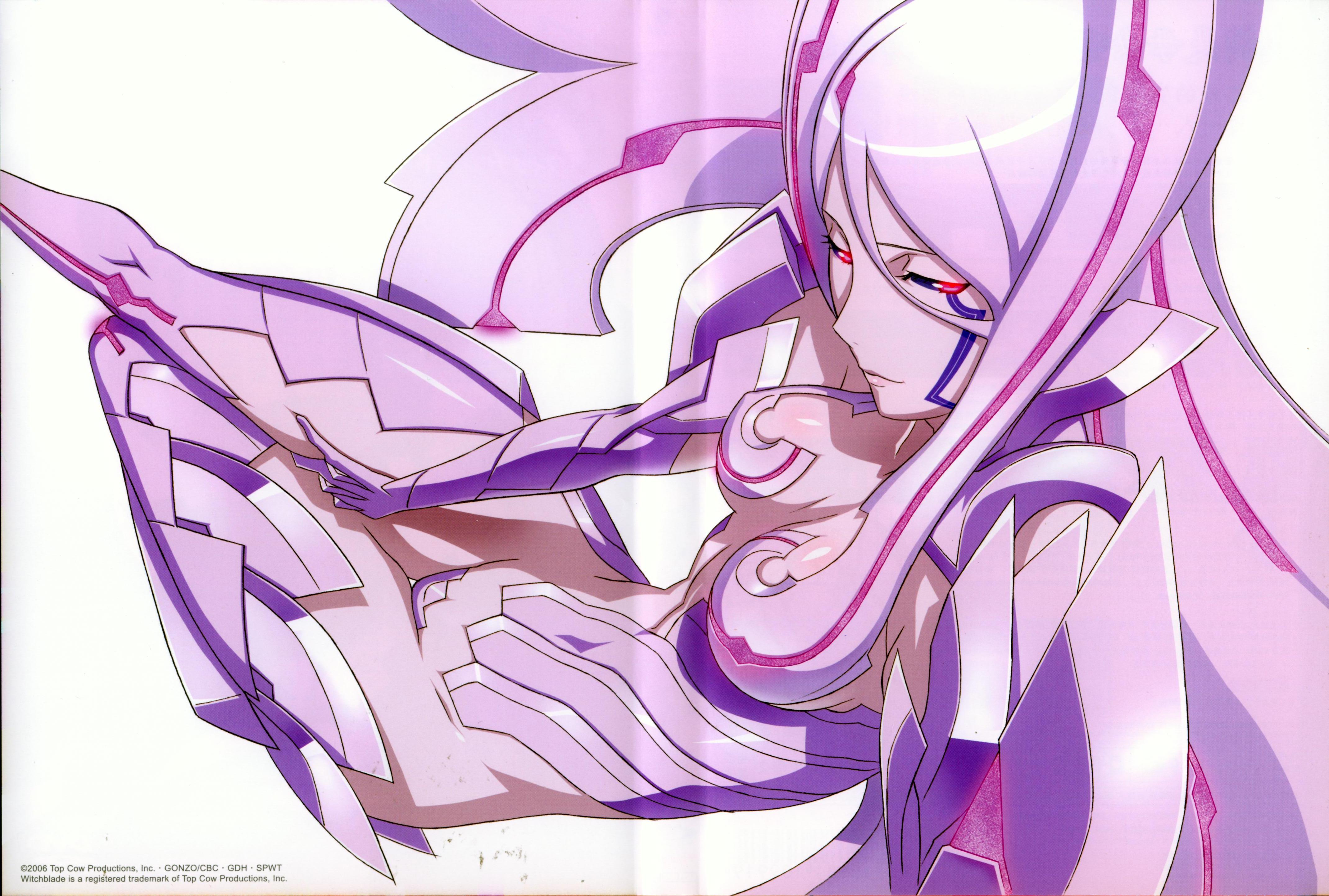 soho reina, witchblade, blade, silver hair, absurdres, highres, scan, 00s, 1girl, armor, bikini armor, black sclera, breasts, claws, cleavage, colored sclera, female focus, glowing, glowing eyes, large breasts, long hair, purple eyes, solo, thigh gap, thighs