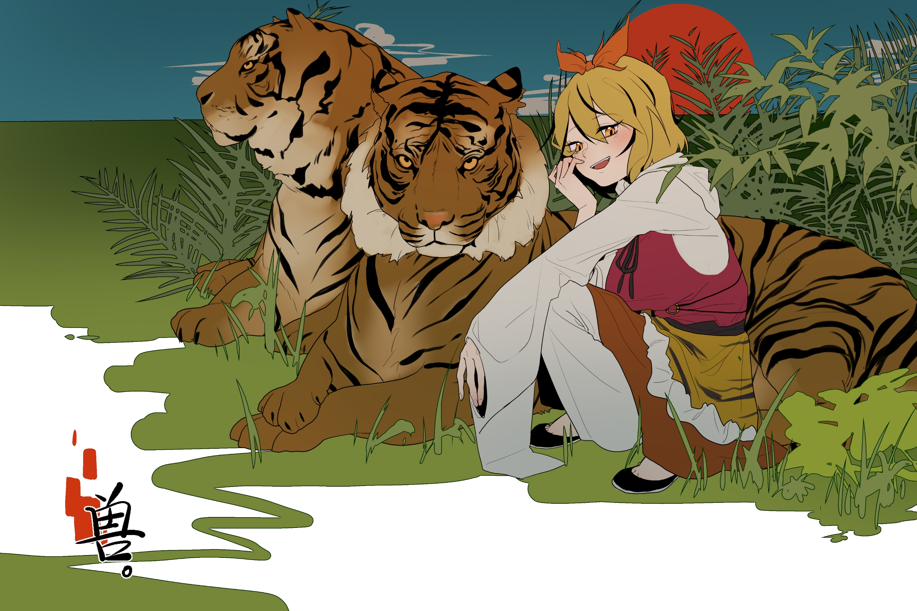 guozimiao, toramaru shou, touhou, highres, 1girl, animal, animal print, black hair, black ribbon, blonde hair, bow, breasts, chinese text, cloud, long sleeves, looking at viewer, medium hair, multicolored hair, neck ribbon, on grass, open mouth, orange bow, red vest, ribbon, sky, streaked hair, sun, tiger, tiger print, two-tone hair, vest, wide sleeves, yellow eyes