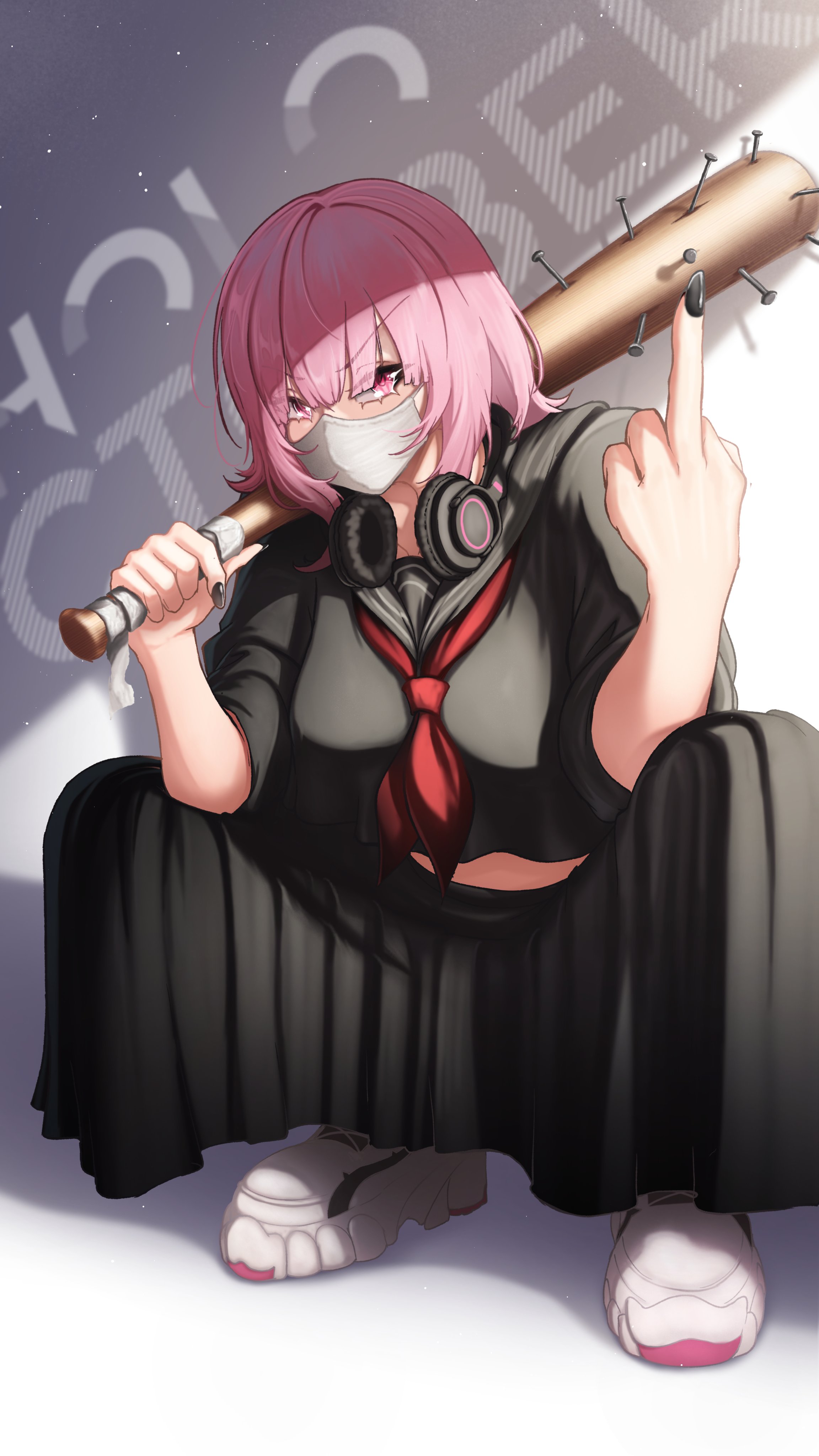clero (viprimo), mori calliope, hololive, hololive english, absurdres, highres, 1girl, banchou, baseball bat, black nails, black shirt, black skirt, breasts, delinquent, full body, headphones, headphones around neck, middle finger, nail (hardware), nail bat, neckerchief, pink eyes, pink hair, pleated skirt, red neckerchief, shirt, short hair, skirt, slav squatting, solo, squatting, virtual youtuber