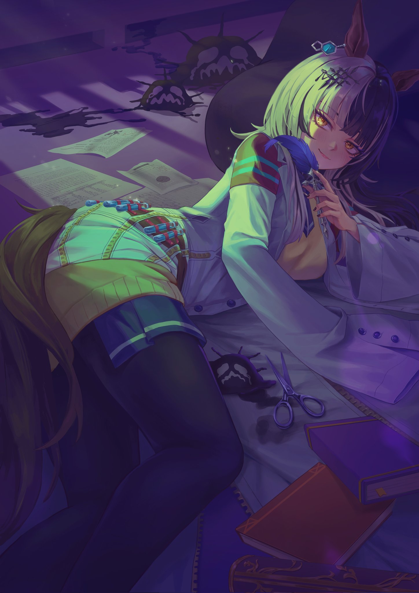 agnes tachyon (umamusume), shiori novella, yorick (shiori novella), hololive, hololive english, umamusume, commentary, commission, english commentary, highres, 1girl, agnes tachyon (umamusume) (cosplay), animal ears, black hair, black nails, black pantyhose, book, closed mouth, coat, cosplay, grey hair, holding, holding quill, horse ears, horse girl, horse tail, lab coat, looking at viewer, multicolored hair, pantyhose, paper, quill, sleeves past fingers, sleeves past wrists, slime (creature), slime (substance), smile, solo, split-color hair, sweater, tail, test tube, two-tone hair, virtual youtuber, white coat, xiaooo22, yellow eyes, yellow sweater