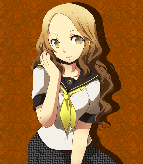 kamiyoshi rika, ebihara ai, atlus, megami tensei, persona, persona 4, shin megami tensei, bad id, bad pixiv id, 1girl, brown eyes, brown hair, curly hair, female focus, houndstooth, ruffling hair, school uniform, serafuku, solo