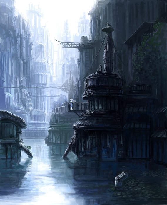 denki, 1girl, building, cable, city, cityscape, day, female focus, outdoors, plant, scenery, science fiction, solo, standing, water