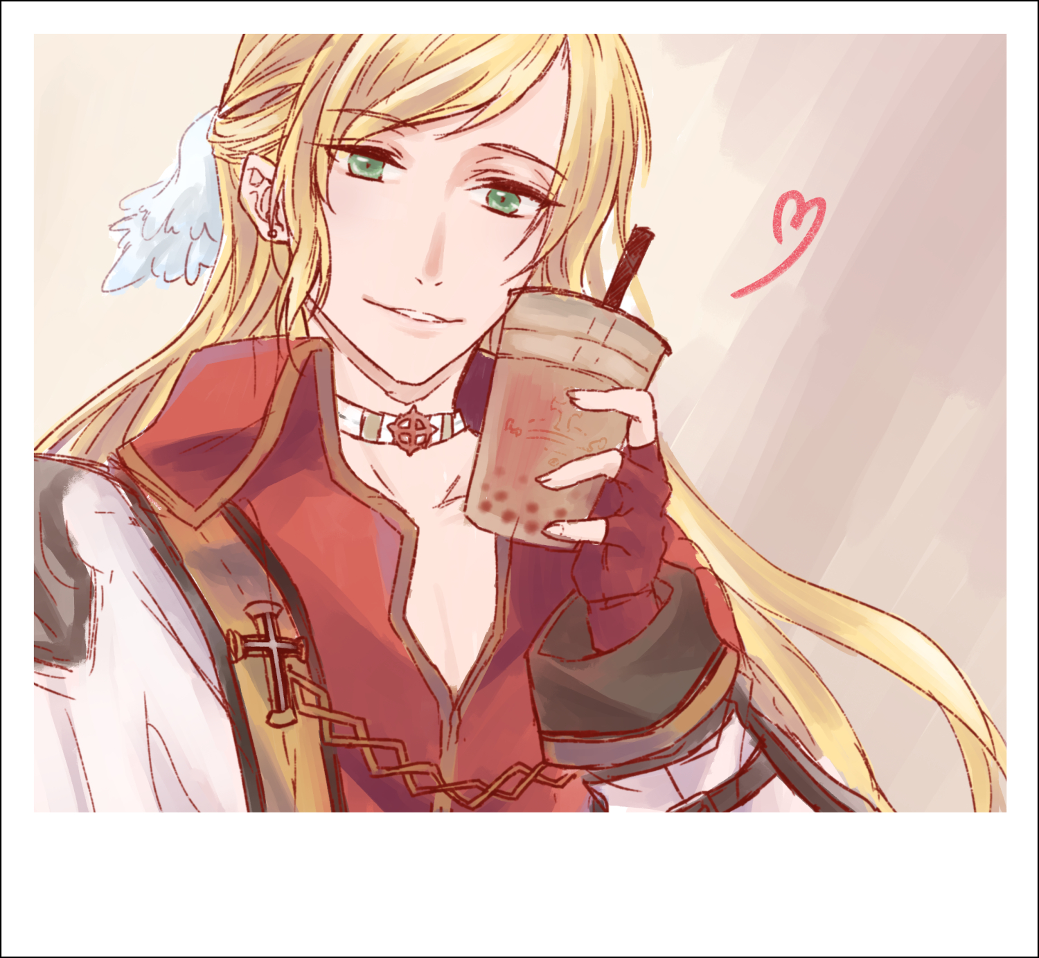 arch bishop (ragnarok online), ragnarok online, commentary request, highres, 1boy, blonde hair, border, bubble tea, choker, collared shirt, cross, cross choker, cross of prontera, earrings, fingerless gloves, fujita (fuzuneko), gloves, green eyes, heart, jewelry, long hair, looking at viewer, male focus, official alternate costume, red gloves, red shirt, shirt, smile, solo, upper body, white border, white choker