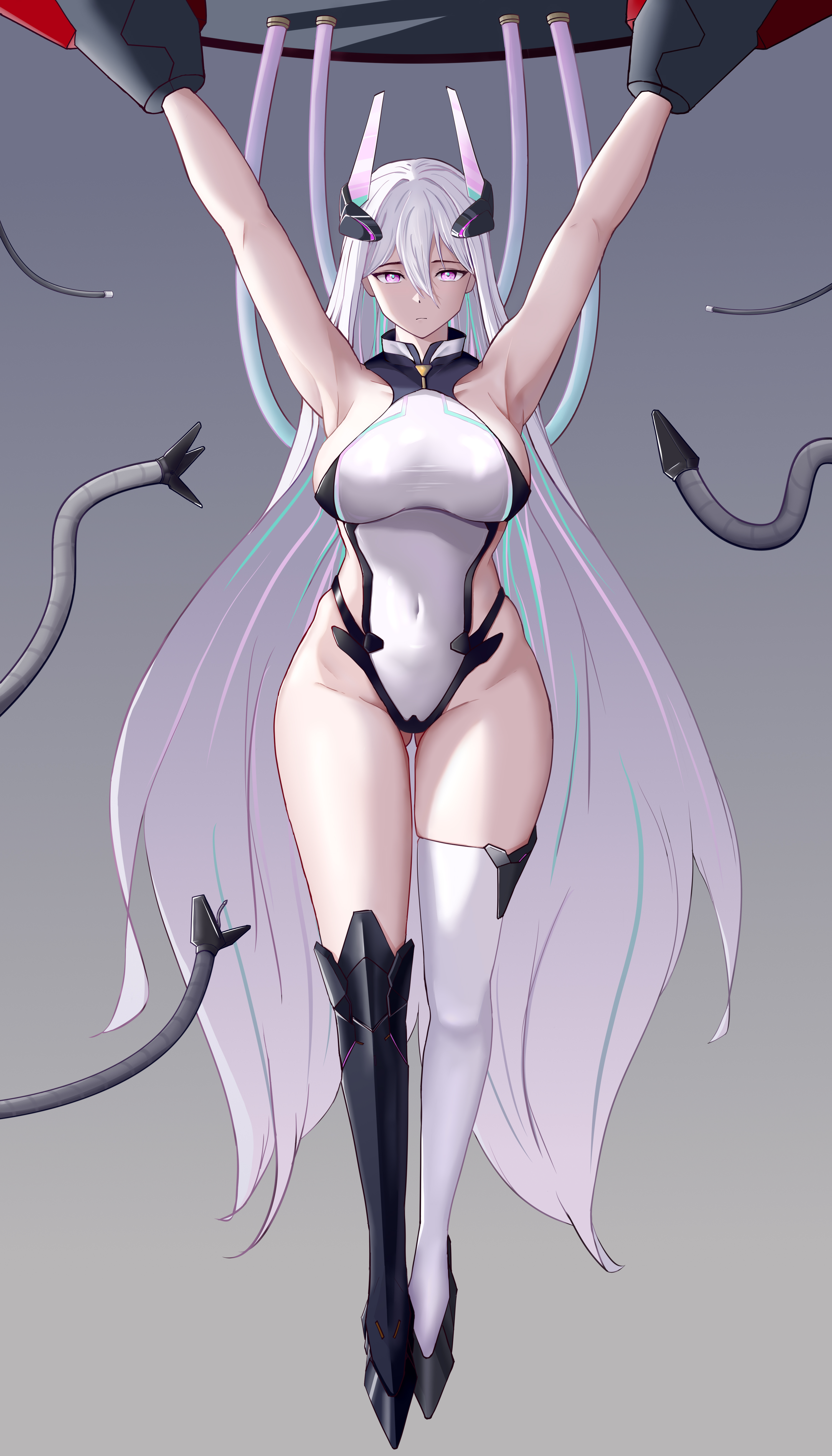 orchery, kearsarge (azur lane), azur lane, absurdres, chinese commentary, commentary request, highres, variant set, 1girl, aqua pupils, armpits, arms up, asymmetrical footwear, bare shoulders, black boots, blue streaks, boots, breasts, covered navel, gluteal fold, hair between eyes, headgear, impossible clothes, impossible leotard, knee boots, large breasts, leotard, long hair, looking at viewer, mechanical tentacles, multicolored leotard, navel, pink streaks, purple eyes, restrained, sideboob, single knee boot, single thigh boot, solo, stationary restraints, thigh boots, two-tone leotard, very long hair, white boots, white hair, white leotard