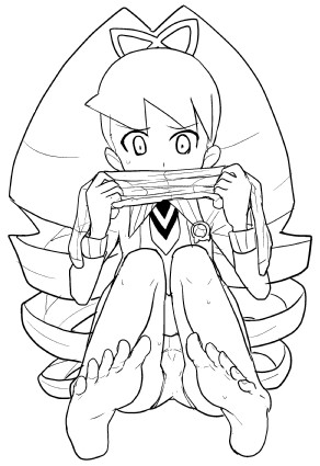 heriyama, luna platz (mega man), capcom, mega man (series), mega man star force (series), lowres, 00s, 1girl, barefoot, big hair, clothes pull, crotch seam, dress, drill hair, feet, female focus, greyscale, long hair, monochrome, panties, pantyhose, pantyhose pull, soles, solo, twintails, underwear, unworn pantyhose
