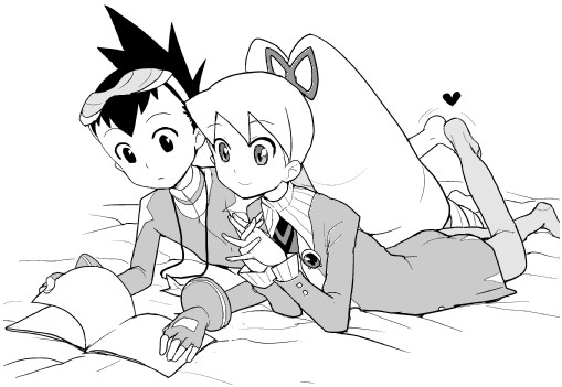 heriyama, geo stelar (mega man), luna platz (mega man), capcom, mega man (series), mega man star force (series), 00s, 1boy, 1girl, big hair, book, couple, dress, drill hair, feet, glasses, greyscale, heart, jewelry, long hair, monochrome, necklace, pantyhose, twintails