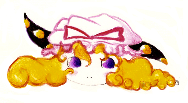 vivi the heiwa, yakumo yukari, touhou, blonde hair, blush, curly hair, disembodied head, female focus, looking at viewer, no humans, purple eyes, simple background, solo, white background, yukkuri shiteitte ne