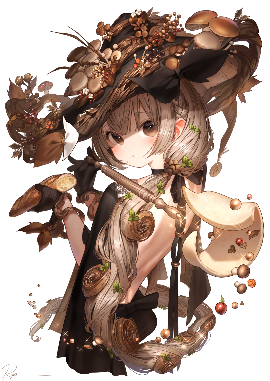 ryota (ry o ta), original, commentary, highres, revision, symbol-only commentary, 1girl, :t, autumn, autumn leaves, back, baguette, bare back, black bow, black dress, black gloves, blush, bow, braid, bread, breasts, brown eyes, brown hair, cinnamon roll, closed mouth, dot nose, dress, eating, food, fruit, gloves, grey hair, hair between eyes, hair ornament, hat, hat bow, hat ornament, holding, holding food, leaf, leaf hair ornament, leaf on head, long hair, looking at viewer, mushroom, side braid, sidelocks, signature, simple background, solo, upper body, very long hair, white background