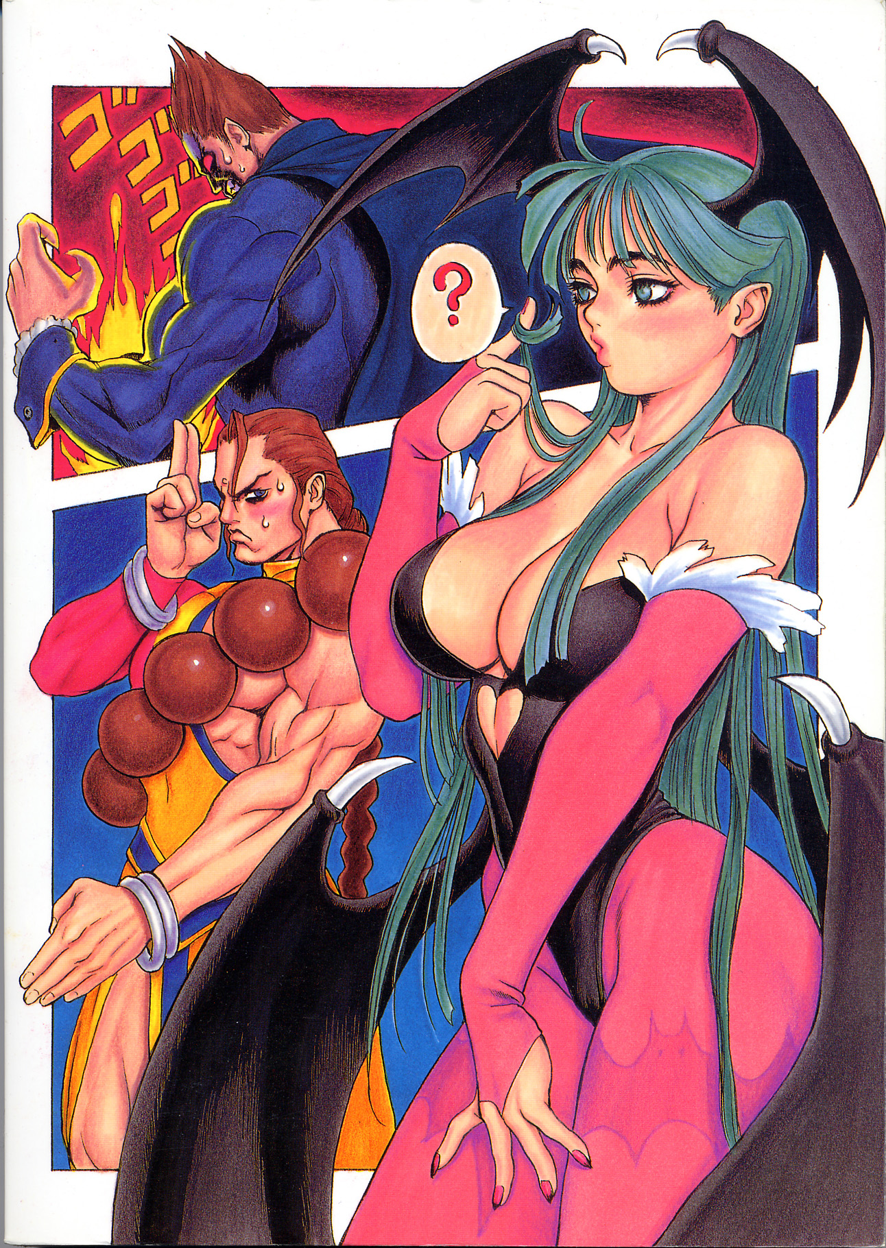 tsukasa jun, demitri maximoff, donovan baine, morrigan aensland, capcom, darkstalkers, hand on thigh, looking away, print legwear, highres, scan, traditional media, 1girl, 2boys, ?, adjusting hair, angry, animal print, aqua eyes, aqua hair, asymmetrical clothes, bare shoulders, bat (animal), bat print, bat wings, beads, blue eyes, blush, bracelet, braid, breasts, bridal gauntlets, brown hair, censored, cleavage, clenched teeth, convenient censoring, demon girl, fighting stance, fire, frills, from behind, frown, fur trim, hair over breasts, head wings, heart, highleg, highleg leotard, jewelry, large breasts, leotard, lips, long hair, looking at viewer, midriff, multiple boys, muscular, nail polish, navel, no pupils, pantyhose, pectorals, pink nails, pink pantyhose, profile, red eyes, ruffling hair, short hair, sidelocks, single braid, speech bubble, sweat, teeth, thighs, vampire, very long hair, wings, wrist cuffs