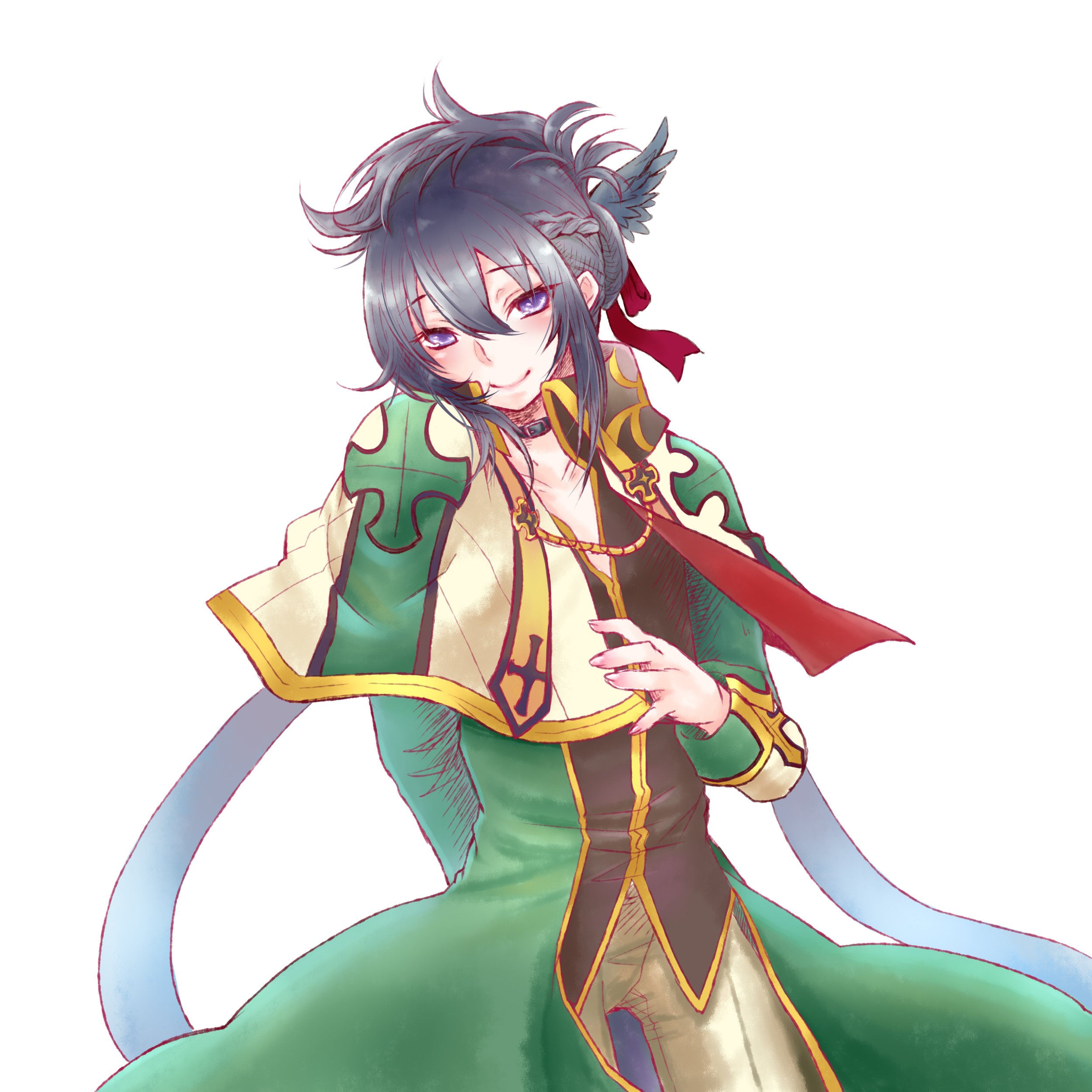 arch bishop (ragnarok online), ragnarok online, absurdres, highres, 1boy, black hair, black shirt, blush, braid, capelet, closed mouth, coat, cowboy shot, folded ponytail, fujita (fuzuneko), gold trim, green coat, hair between eyes, half up braid, long bangs, long sleeves, looking at viewer, male focus, official alternate costume, open clothes, open coat, pants, purple eyes, shirt, short hair, sidelocks, simple background, smile, solo, white background, white capelet, white pants