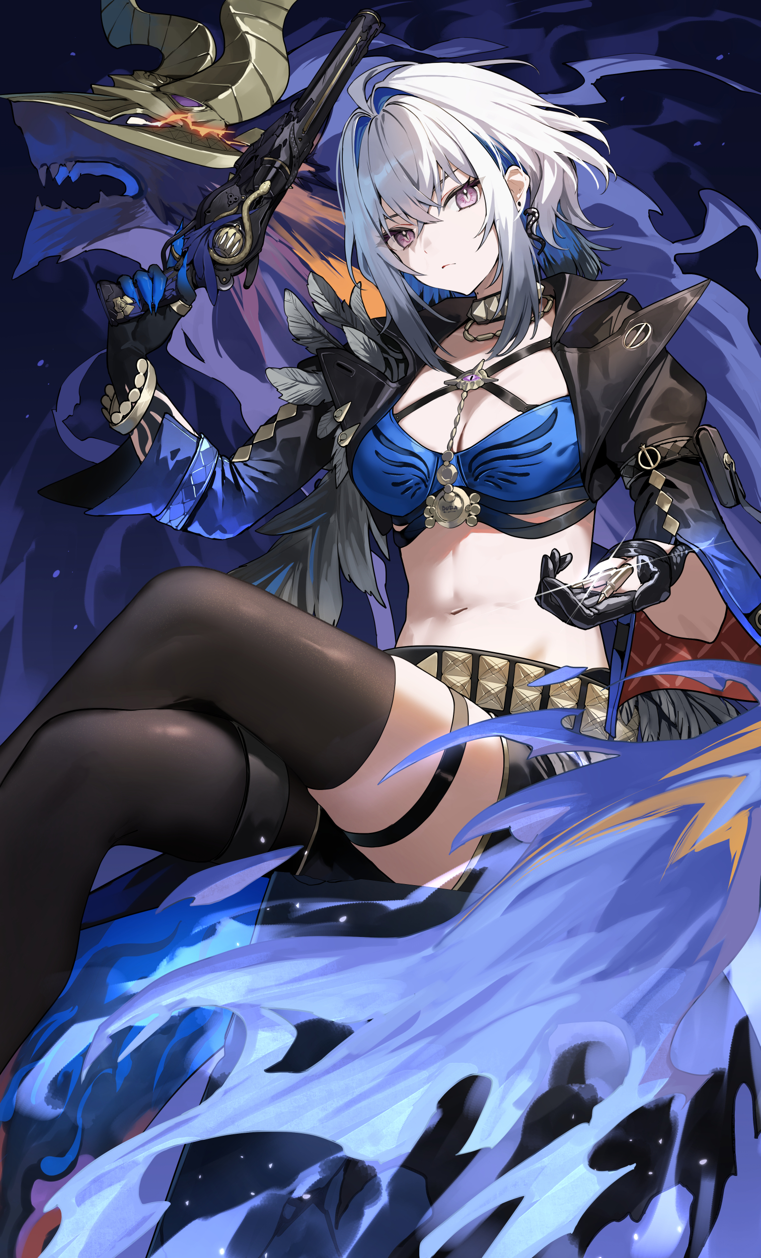 amagasa yun, galbrena (wuthering waves), wuthering waves, absurdres, highres, 1girl, black gloves, black jacket, black thighhighs, closed mouth, cropped jacket, crossed legs, gloves, gun, hair between eyes, holding, holding gun, holding weapon, jacket, long hair, long sleeves, looking at viewer, navel, sitting, stomach, thighhighs, weapon, white hair