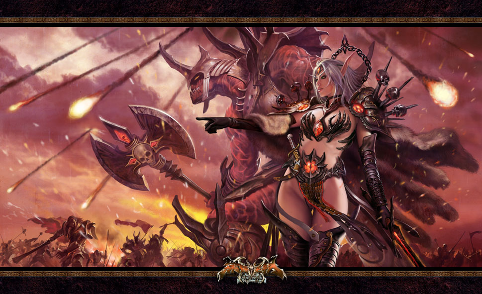 azazel1944, blood elf (warcraft), warlock, warcraft, world of warcraft, armor, axe, bikini armor, chain, elbow gloves, elf, gloves, knife, loincloth, pointy ears, realistic, skull, sword, weapon