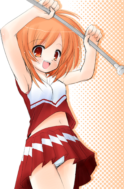 yukizuki chikuba, original, baton, 1girl, armpits, arms up, cheerleader, female focus, majorette, matching hair/eyes, midriff, navel, open mouth, orange eyes, orange hair, panties, pantyshot, red hair, short hair, skirt, smile, solo, twirl baton, underwear, upskirt, white panties