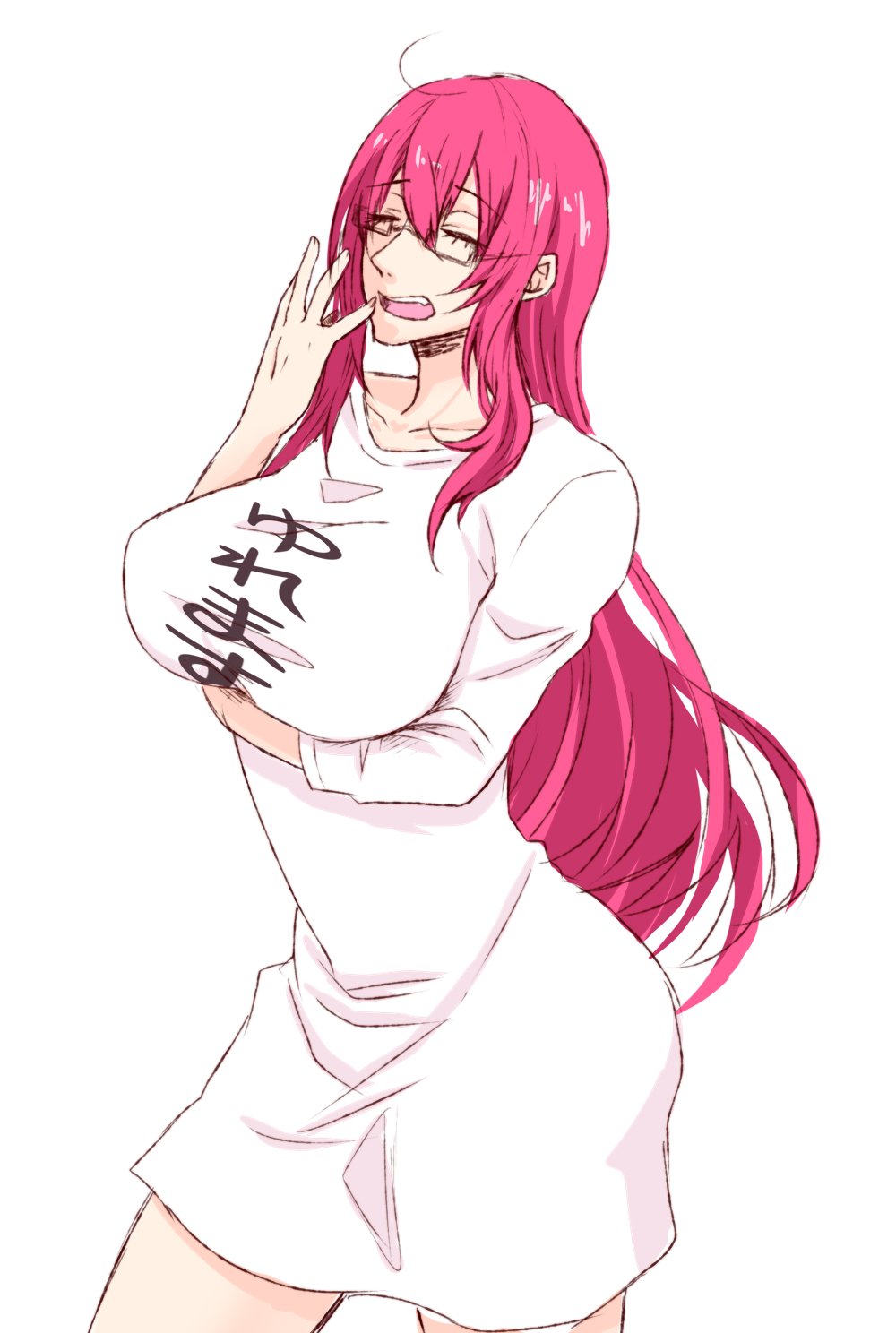 sorcerer (ragnarok online), ragnarok online, commentary request, highres, 1girl, alternate costume, arm under breasts, black-framed eyewear, breasts, closed eyes, clothes writing, cowboy shot, fujita (fuzuneko), glasses, large breasts, long hair, open mouth, oversized clothes, oversized shirt, pink hair, shirt, simple background, solo, very long hair, white background, white shirt, yawning