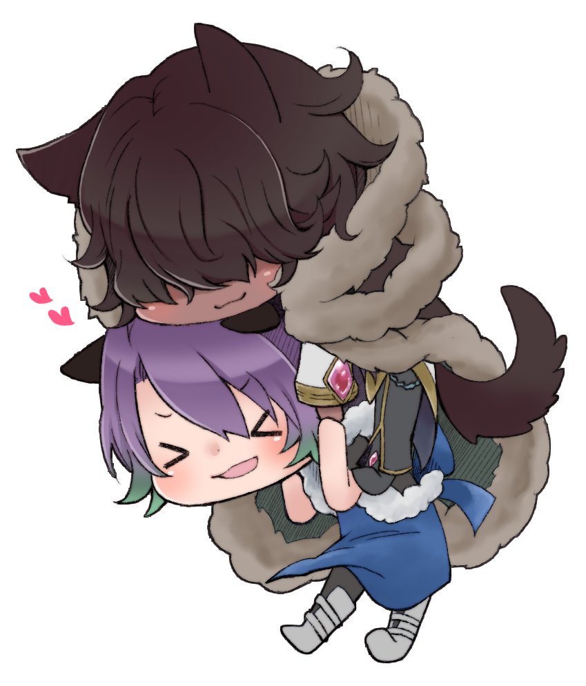 stalker (ragnarok online), warlock (ragnarok online), ragnarok online, commentary request, > <, 2boys, animal ears, apron, black cape, black hair, black pants, blue apron, cape, carrying, chibi, chibi only, closed eyes, dark-skinned male, dark skin, dog boy, dog ears, dog tail, fujita (fuzuneko), full body, fur-trimmed cape, fur trim, hair over eyes, heart, male focus, multiple boys, official alternate costume, open mouth, pants, piggyback, purple hair, shirt, short bangs, short hair, simple background, smile, tail, white background, white shirt