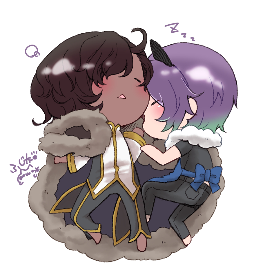 stalker (ragnarok online), warlock (ragnarok online), ragnarok online, commentary request, 2boys, animal ears, apron, barefoot, black cape, black hair, black pants, black shirt, blue apron, blue bow, bow, cape, chibi, chibi only, closed eyes, cowlick, dark-skinned male, dark skin, dog boy, dog ears, dog tail, fujita (fuzuneko), full body, fur-trimmed cape, fur trim, lying, male focus, multiple boys, official alternate costume, on side, open mouth, pants, purple hair, shirt, short hair, simple background, sleeping, tail, triangle mouth, two-tone shirt, white background, white shirt, zzz