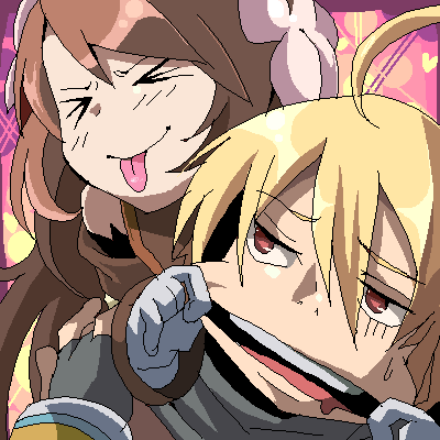 fruit punch, emil castagnier, marta lualdi, tales of (series), tales of symphonia, tales of symphonia: dawn of the new world, lowres, > <, 00s, 1boy, 1girl, :p, ahoge, blonde hair, brown hair, fingerless gloves, gloves, heart, looking at another, making faces, mouth pull, oekaki, red eyes, scarf, tongue, tongue out, white gloves