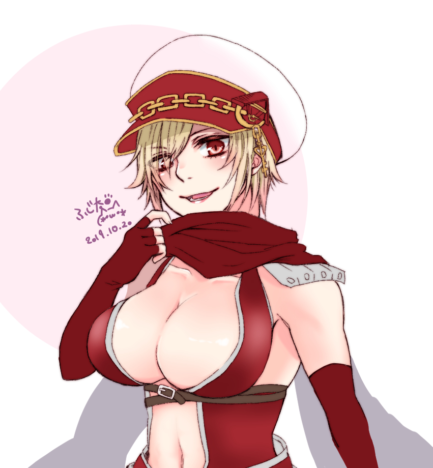 assassin cross (ragnarok online), ragnarok online, commentary request, 1girl, alternate color, armor, blonde hair, blush, breasts, cleavage, clock hat ornament, dated, elbow gloves, eyes visible through hair, fingerless gloves, fujita (fuzuneko), gloves, hair between eyes, hair over one eye, hat, hat ornament, key, large breasts, leotard, looking at viewer, navel, open mouth, pauldrons, red eyes, red gloves, red leotard, revealing clothes, short hair, shoulder armor, simple background, smile, solo, upper body, white background, white hat