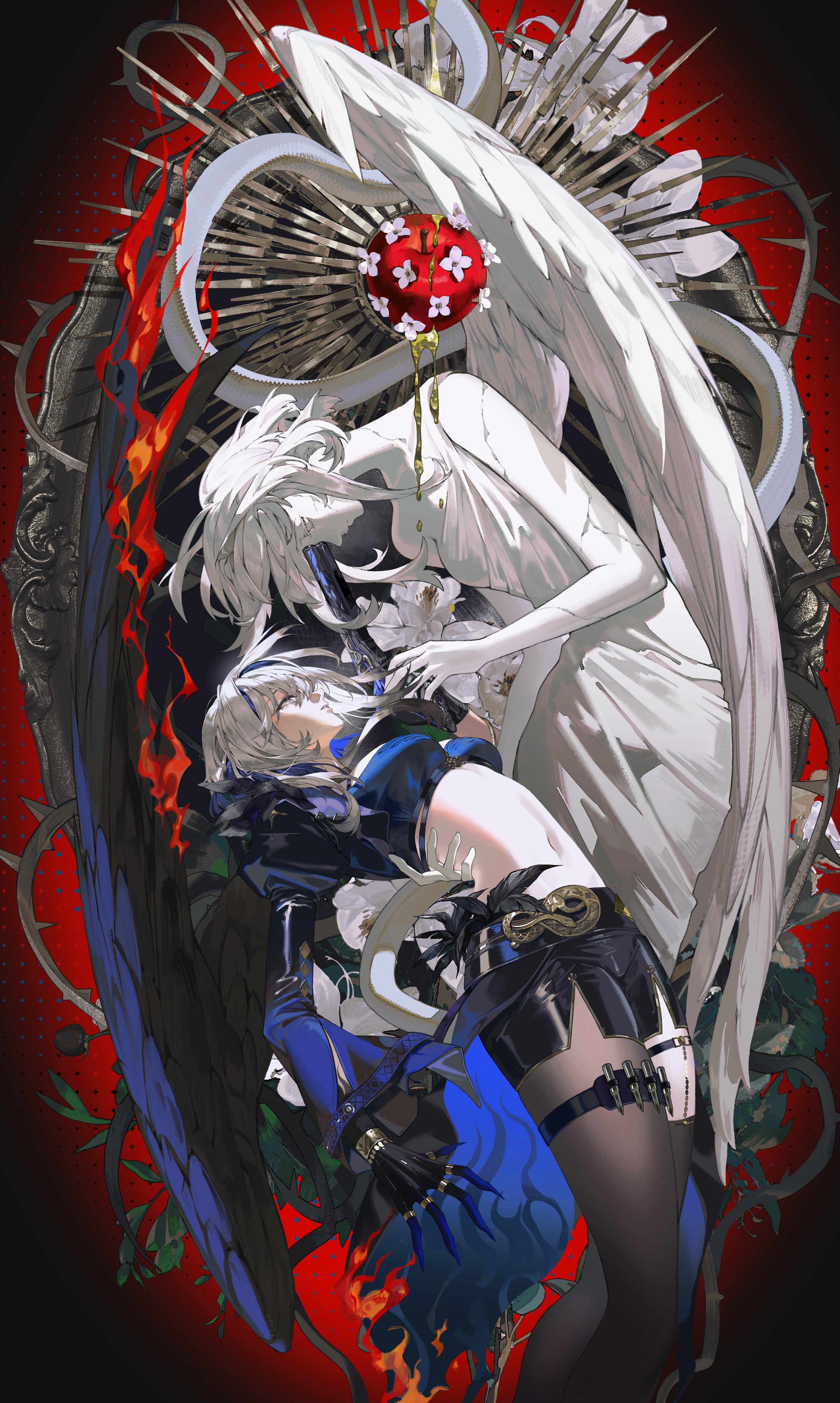 youamo, galbrena (wuthering waves), wuthering waves, absurdres, commentary, english commentary, highres, 1girl, aiming, black pantyhose, black shorts, black thighhighs, blue bra, blue nails, bra, fingernails, gun, holding, holding gun, holding weapon, medium hair, mutation, navel, pantyhose, parted lips, purple eyes, sharp fingernails, shorts, single leg pantyhose, statue, stomach, thighhighs, thighs, underwear, weapon