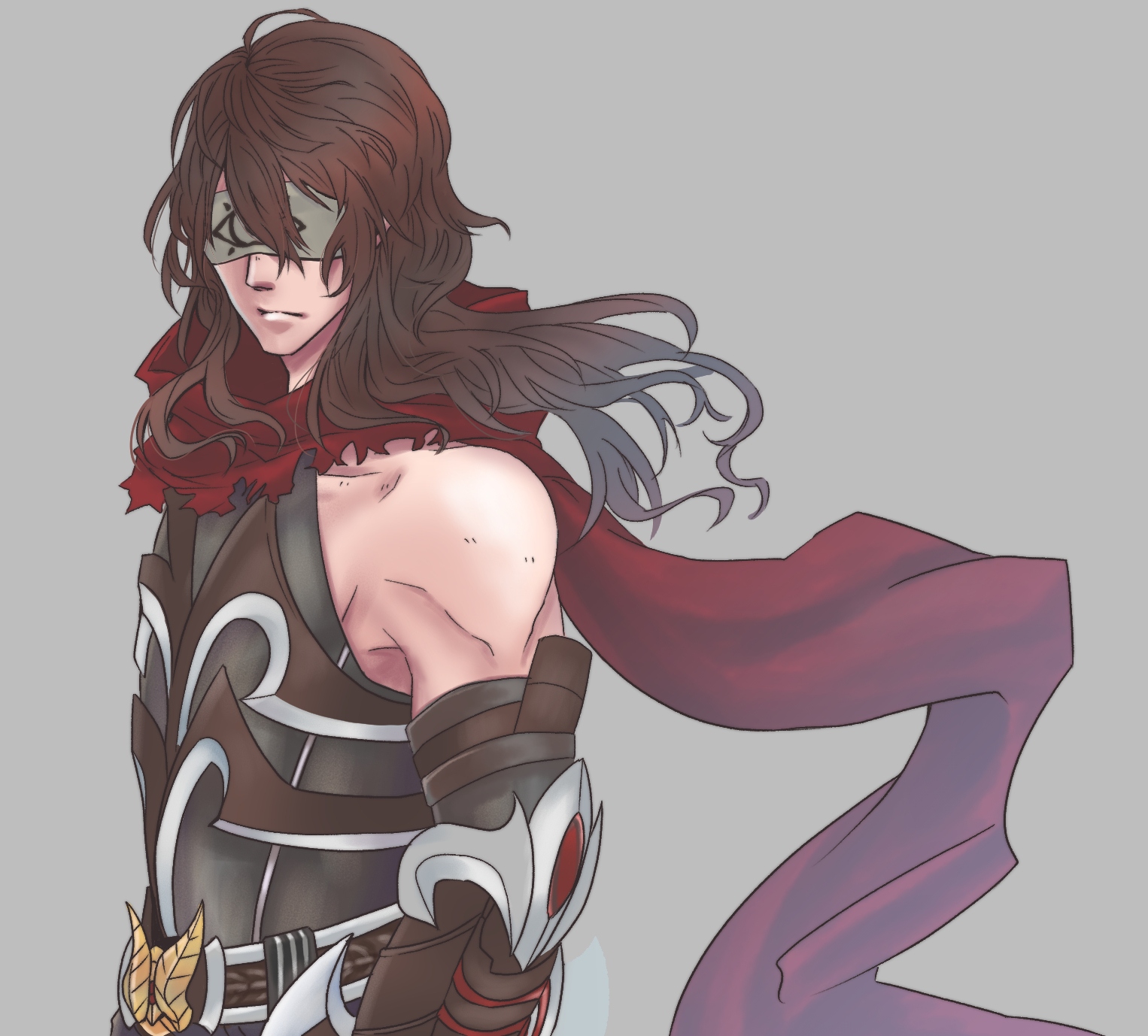 guillotine cross (ragnarok online), ragnarok online, commentary request, highres, variant set, 1boy, bare shoulders, black gloves, black shirt, blindfold, brown hair, closed mouth, elbow gloves, expressionless, fujita (fuzuneko), gloves, grey background, hair between eyes, long bangs, long hair, male focus, official alternate costume, red scarf, scarf, shirt, simple background, sleeveless, sleeveless shirt, solo, toned, toned male, upper body, wavy hair