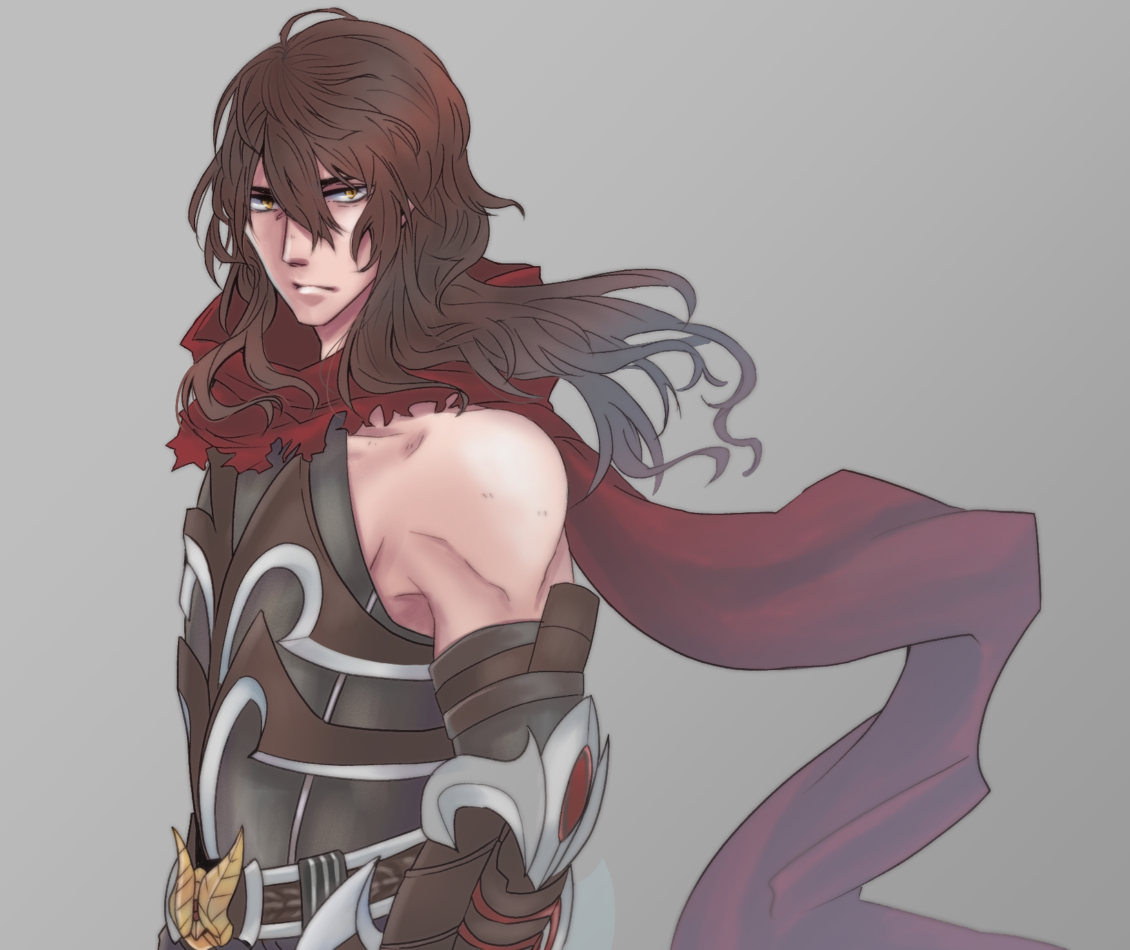guillotine cross (ragnarok online), ragnarok online, commentary request, highres, variant set, 1boy, bare shoulders, black gloves, black shirt, brown hair, closed mouth, elbow gloves, expressionless, fujita (fuzuneko), gloves, grey background, hair between eyes, long bangs, long hair, looking at viewer, male focus, official alternate costume, red scarf, scarf, shirt, simple background, sleeveless, sleeveless shirt, solo, toned, toned male, upper body, wavy hair, yellow eyes