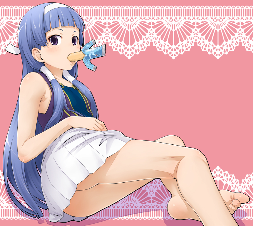 ha-ru, nagi, kannagi, 00s, 1girl, ass, barefoot, blue hair, blunt bangs, feet, female focus, hair tubes, hairband, long hair, mouth hold, no panties, pleated skirt, purple eyes, sitting, skirt, solo, white skirt