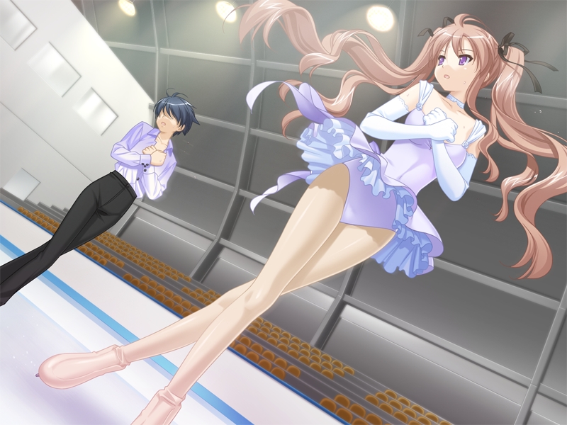 kani biimu, matsushima koyuki, konayuki fururi, eyebrows, game cg, non-web source, 1boy, 1girl, breasts, brown hair, choker, collarbone, couple, crossed arms, dutch angle, elbow gloves, figure skating, full body, gloves, hair ribbon, hands up, hetero, ice skating, indoors, legs together, leotard, leotard peek, long hair, looking to the side, open mouth, pantyhose, purple eyes, ribbon, skates, skating, skirt, sleeveless, small breasts, spinning, standing, sweatdrop, thighs, twintails, two side up
