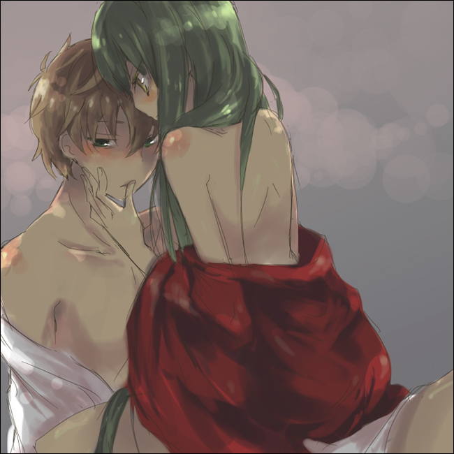 kl (dgzonbi), c.c., kururugi suzaku, code geass, 00s, back, bare back, bare shoulders, brown hair, green eyes, green hair, yellow eyes