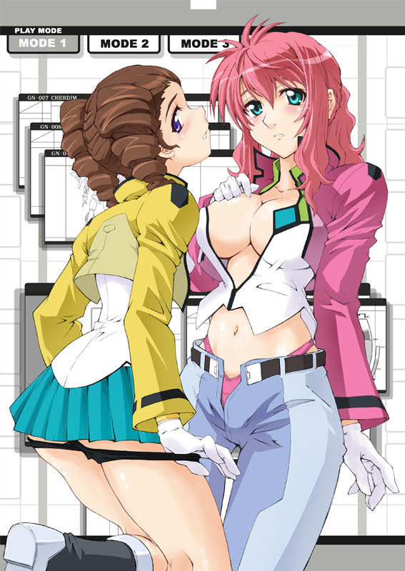 mutsuki ginji, feldt grace, mileina vashti, gundam, gundam 00, 00s, 2girls, belt, black panties, blue eyes, blush, breasts, brown hair, cleavage, drill hair, gloves, large breasts, midriff, miniskirt, multiple girls, navel, open belt, open clothes, open shirt, panties, panty pull, pink hair, pink panties, purple eyes, shirt, skirt, twintails, unbuckled, unbuttoned, underwear, unzipped