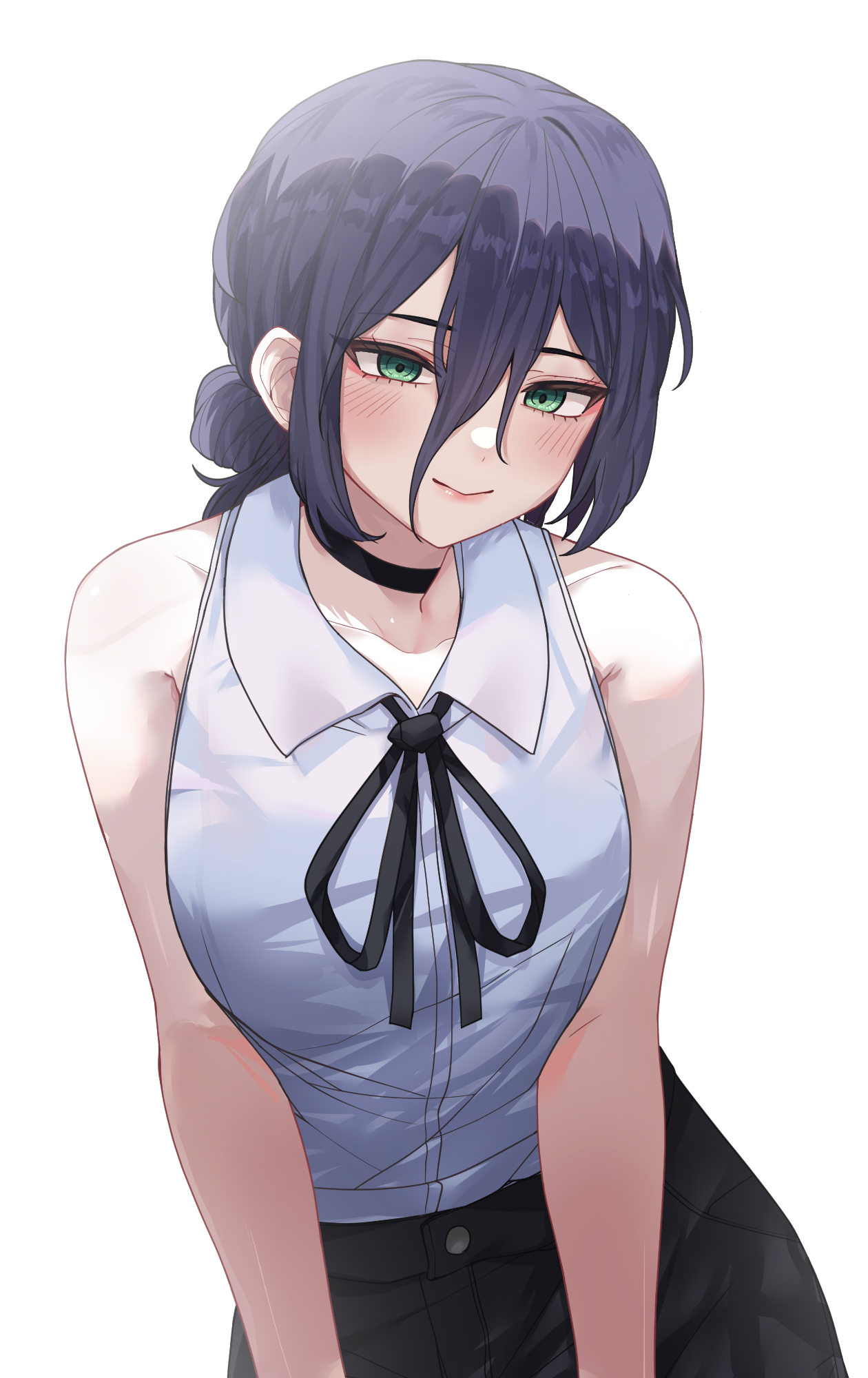 oddman1234, reze (chainsaw man), chainsaw man, commentary, highres, 1girl, black hair, black ribbon, black shorts, closed mouth, collared shirt, green eyes, hair between eyes, hair bun, looking at viewer, neck ribbon, ribbon, shirt, shirt tucked in, shorts, simple background, sleeveless, sleeveless shirt, smile, solo, white background, white shirt