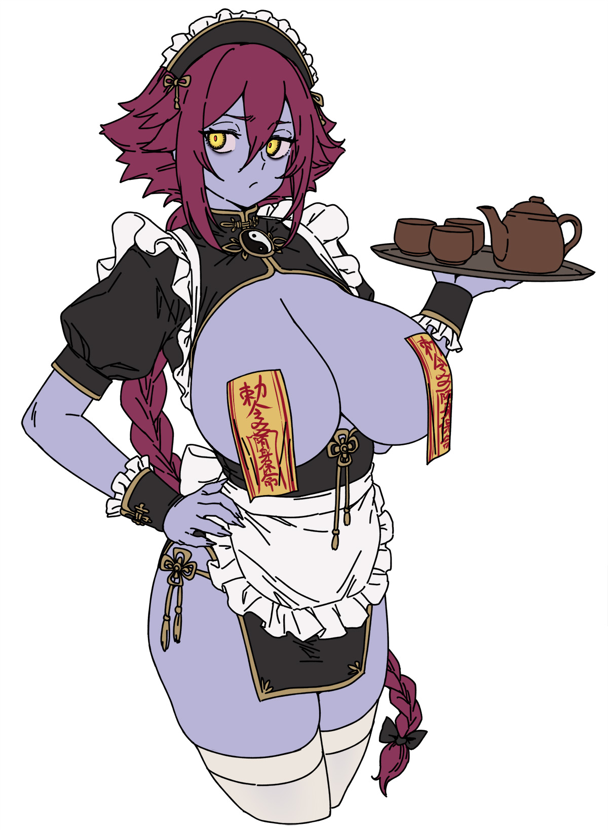 houtengeki, original, highres, 1girl, apron, braid, breasts, breasts out, china dress, chinese clothes, closed mouth, cup, dress, fingernails, flat color, frills, holding, holding plate, jiangshi, jiangshi (houtengeki), kettle, kneehighs, large breasts, long fingernails, looking to the side, maid, maid headdress, no bra, ofuda, ofuda on nipples, panties, pasties, plate, red hair, simple background, socks, solo, string panties, tea, teacup, underwear, white background, wrist cuffs, yellow eyes, yin yang