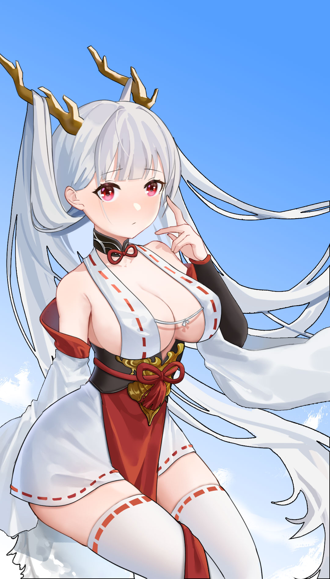 franciszabie, shimanto (azur lane), azur lane, commentary, highres, symbol-only commentary, 1girl, bare shoulders, black sash, blue sky, breasts, cleavage, detached sleeves, dragon girl, dragon horns, dragon tail, hair on horn, horns, large breasts, long hair, looking at viewer, pelvic curtain, pink eyes, red eyes, ribbon-trimmed clothes, ribbon-trimmed thighhighs, ribbon trim, sash, sideboob, sky, solo, tail, thighhighs, very long hair, white hair, zettai ryouiki