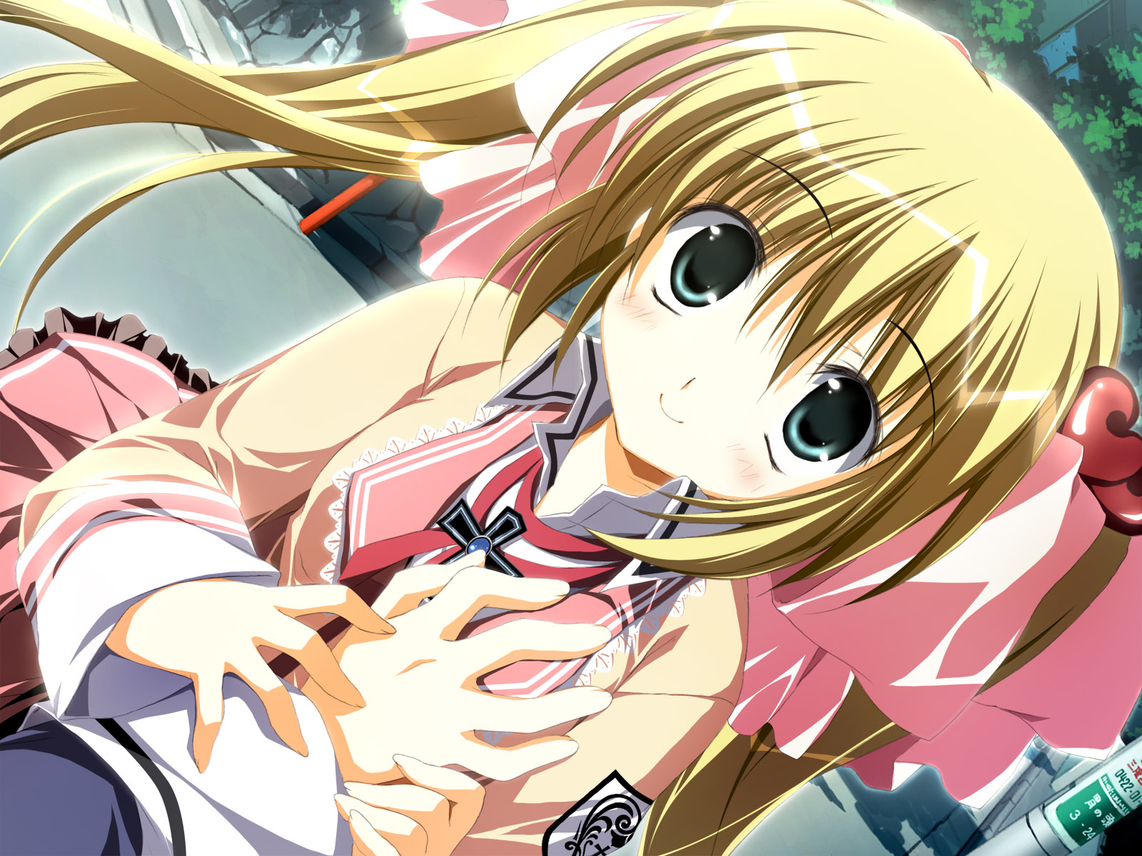korie riko, aihara tokimi, supreme candy, game cg, highres, non-web source, 1girl, blonde hair, blue eyes, breasts, dutch angle, grabbing another's breast, groping, guided breast grab, guiding hand, holding hands, long hair, school uniform, small breasts, smile, solo focus, twintails