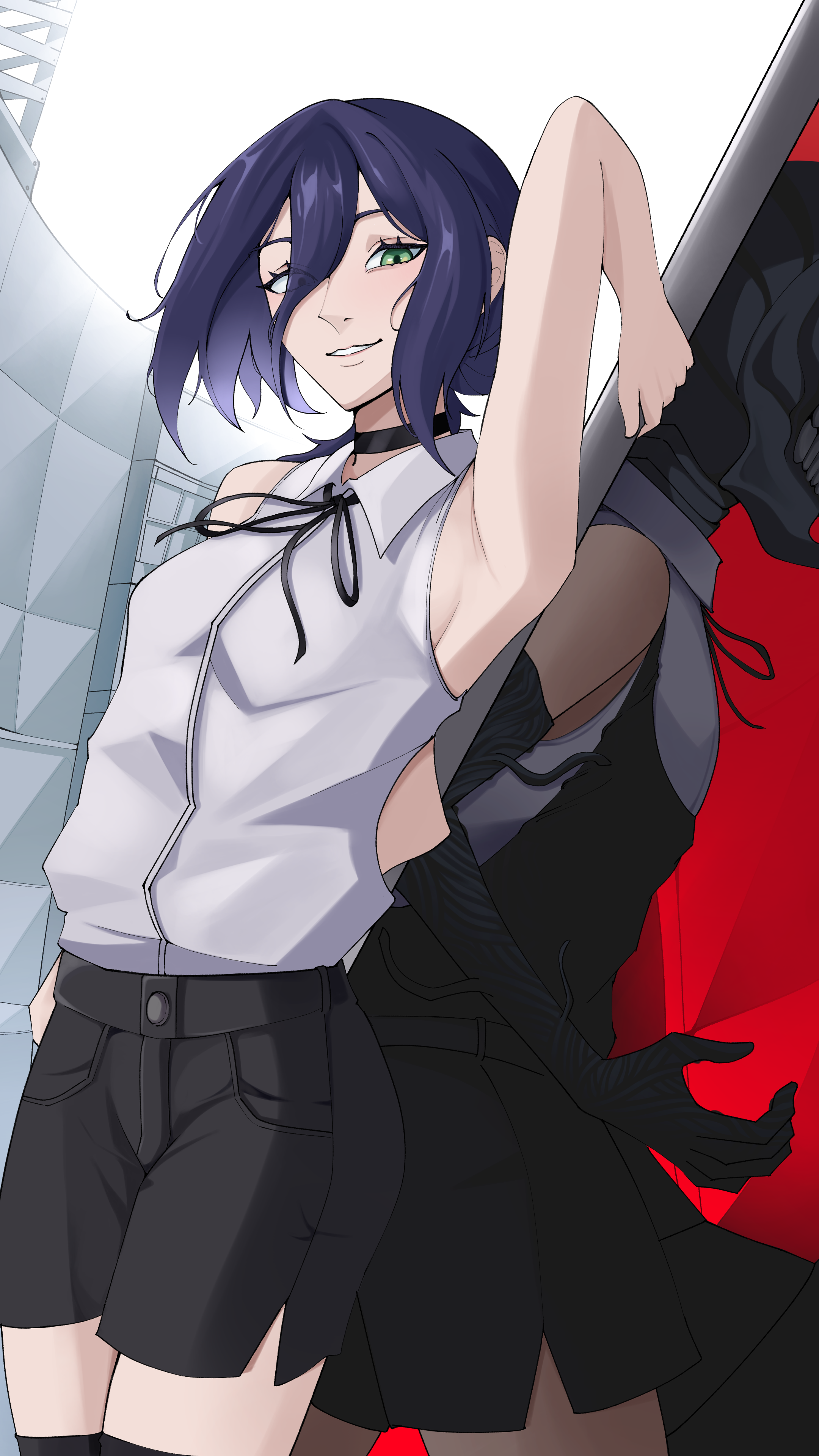 ajrz, bomb devil (chainsaw man), reze (chainsaw man), chainsaw man, absurdres, commentary, english commentary, highres, 1girl, apron, armpits, black apron, black choker, black gloves, black ribbon, black shorts, black thighhighs, blue hair, breasts, choker, dual persona, elbow gloves, gloves, green eyes, hair between eyes, neck ribbon, pole, ribbon, shirt, shorts, sleeveless, sleeveless shirt, small breasts, thighhighs, white shirt
