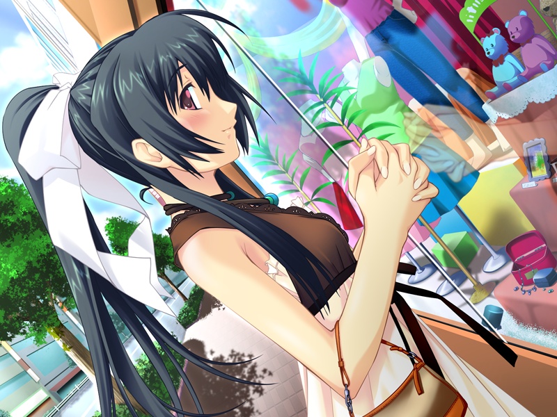 murakami suigun, kamikaze ui, nettai teikiatsu shoujo, game cg, non-web source, 1girl, bag, black hair, brown eyes, dutch angle, elbow carry, female focus, handbag, ponytail, shopping, solo