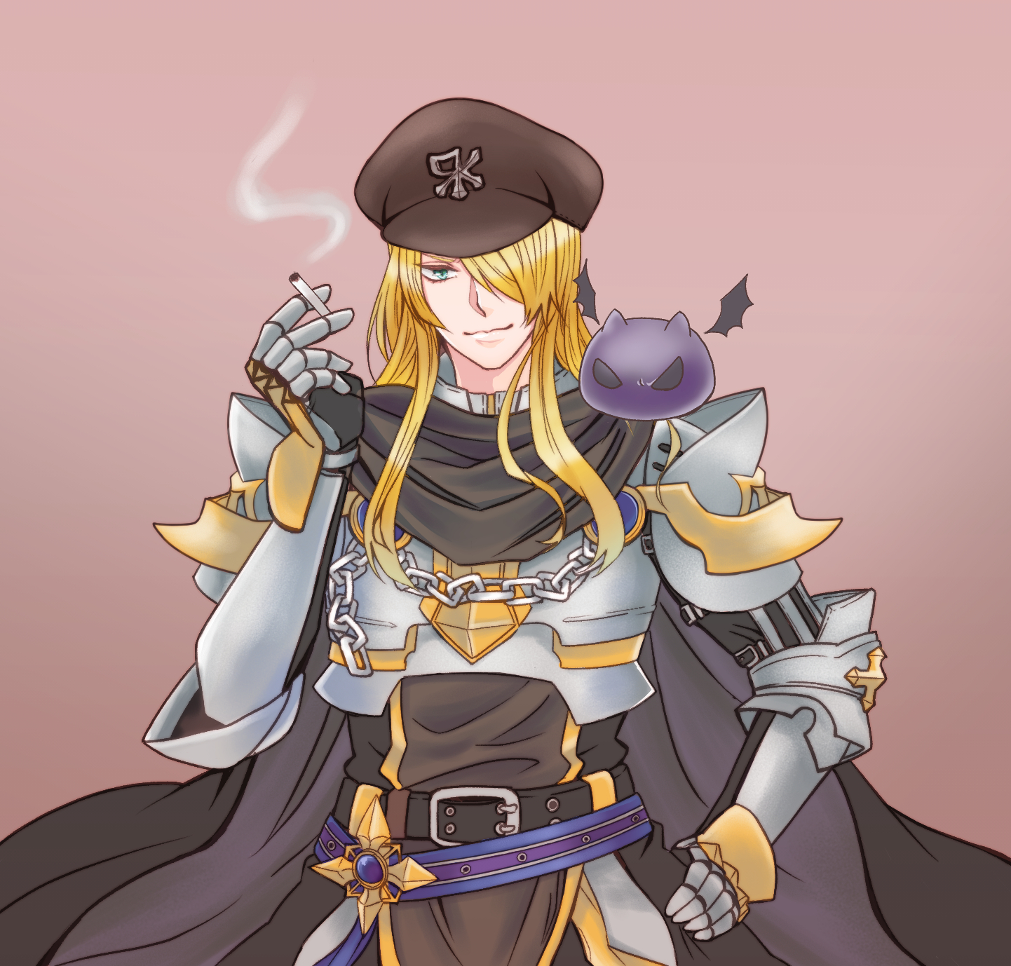 deviling, rune knight (ragnarok online), ragnarok online, commentary request, highres, variant set, 1boy, armor, belt, black belt, black cape, black gloves, black shirt, blonde hair, blue belt, breastplate, brown background, brown hat, cape, chain, cigarette, closed mouth, emblem, fujita (fuzuneko), gauntlets, gloves, green eyes, hair over one eye, hand on own hip, hat, holding, holding cigarette, long hair, looking at viewer, male focus, newsboy cap, official alternate costume, pauldrons, shirt, shoulder armor, sidelocks, simple background, smile, smoking, solo, upper body