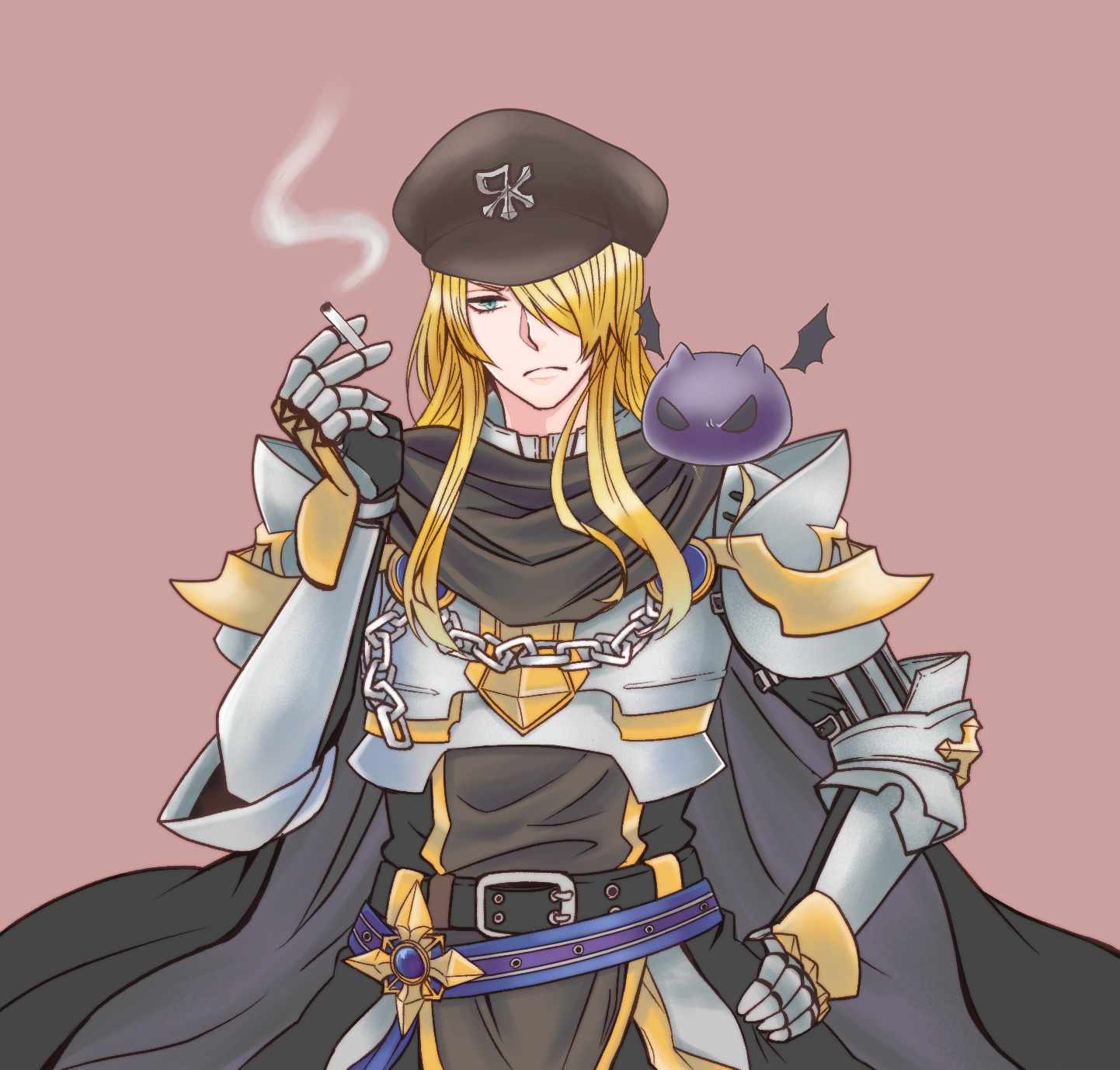 deviling, rune knight (ragnarok online), ragnarok online, commentary request, highres, variant set, 1boy, armor, belt, black belt, black cape, black gloves, black shirt, blonde hair, blue belt, breastplate, brown background, brown hat, cape, chain, cigarette, closed mouth, emblem, frown, fujita (fuzuneko), gauntlets, gloves, hair over one eye, hand on own hip, hat, holding, holding cigarette, long hair, looking at viewer, male focus, newsboy cap, official alternate costume, pauldrons, shirt, shoulder armor, sidelocks, simple background, smoking, solo, upper body