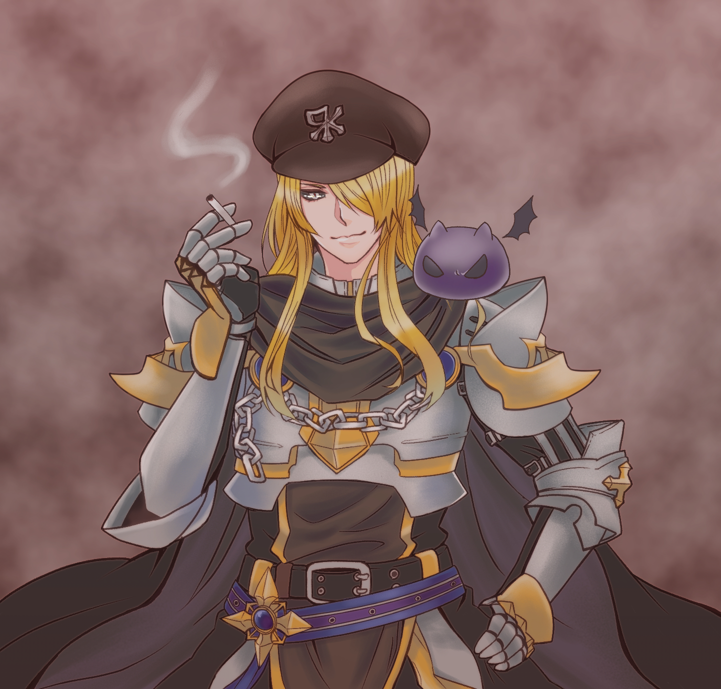 deviling, rune knight (ragnarok online), ragnarok online, commentary request, highres, variant set, 1boy, armor, belt, black belt, black cape, black gloves, black sclera, black shirt, blonde hair, blue belt, breastplate, brown background, brown hat, cape, chain, cigarette, closed mouth, colored sclera, emblem, fujita (fuzuneko), gauntlets, gloves, hair over one eye, hand on own hip, hat, holding, holding cigarette, long hair, looking at viewer, male focus, newsboy cap, official alternate costume, pauldrons, shirt, shoulder armor, sidelocks, smile, smoking, solo, upper body, yellow eyes