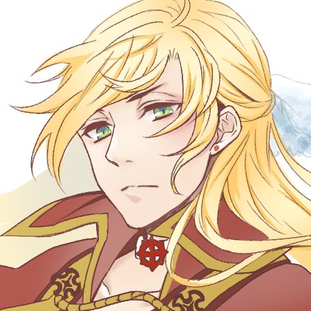 arch bishop (ragnarok online), ragnarok online, commentary request, lowres, 1boy, blonde hair, choker, closed mouth, collared shirt, cross, cross choker, cross of prontera, earrings, expressionless, fujita (fuzuneko), green eyes, jewelry, long hair, looking at viewer, male focus, official alternate costume, portrait, red shirt, shirt, simple background, solo, stud earrings, white background, white choker