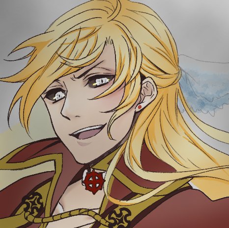 arch bishop (ragnarok online), ragnarok online, commentary request, lowres, 1boy, black sclera, blonde hair, choker, collared shirt, colored sclera, cross, cross choker, cross of prontera, earrings, fujita (fuzuneko), grey background, jewelry, long hair, looking at viewer, male focus, official alternate costume, open mouth, portrait, red shirt, shirt, simple background, smile, solo, stud earrings, v-shaped eyebrows, white choker, white eyes