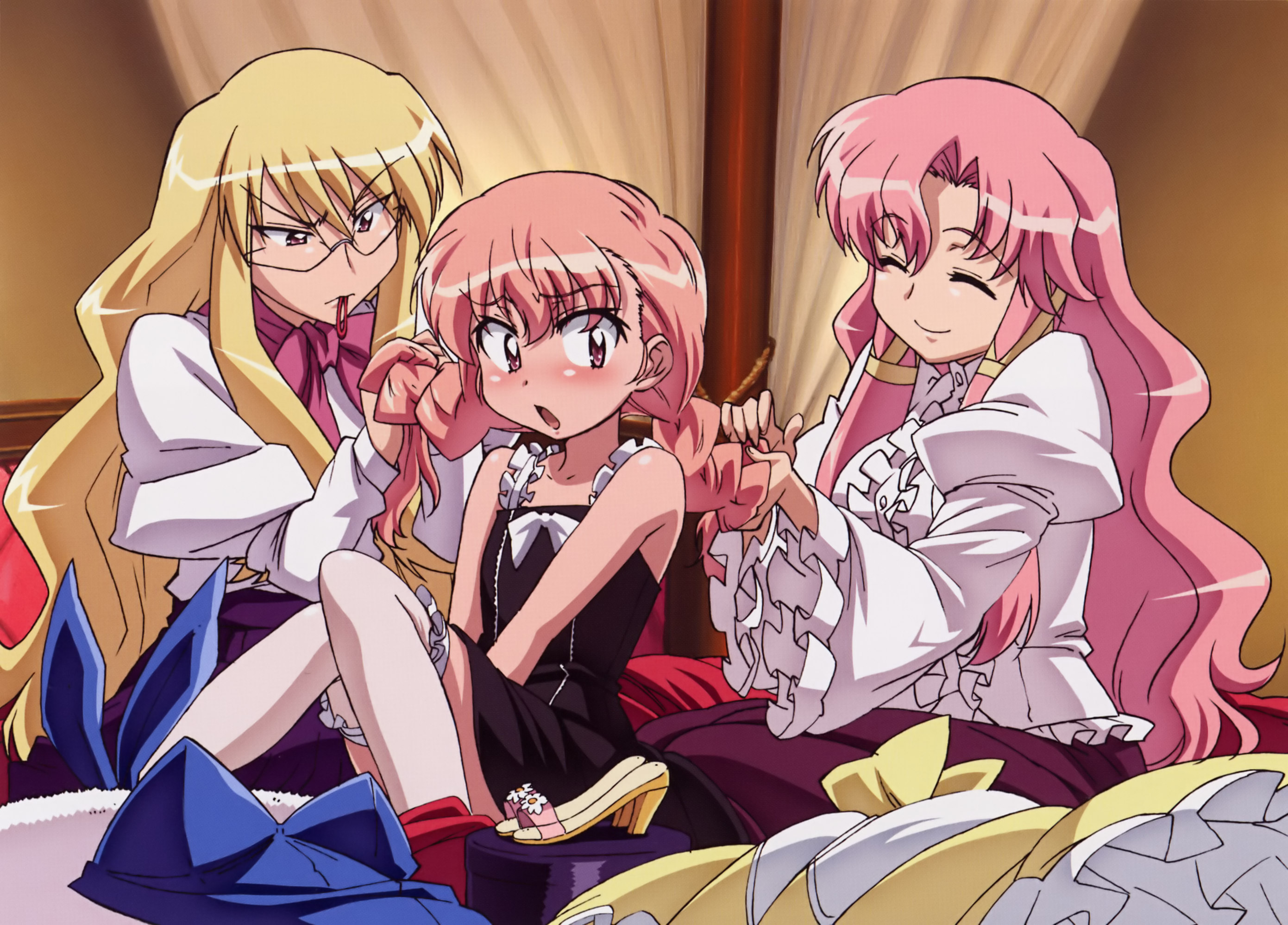 fujii masahiro, cattleya yvette la baume le blanc de la fontaine, eleanor albertine le blanc de la blois de la valliere, louise francoise le blanc de la valliere, zero no tsukaima, highres, official art, 00s, blonde hair, braid, closed eyes, glasses, long hair, pink eyes, pink hair, siblings, sisters, thighhighs, twin braids