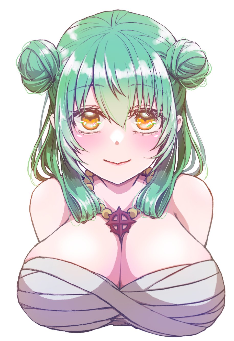 sura (ragnarok online), ragnarok online, commentary request, highres, 1girl, blush, breasts, chest sarashi, cleavage, closed mouth, cross, cross necklace, cross of prontera, double bun, fujita (fuzuneko), green hair, hair bun, jewelry, large breasts, looking at viewer, medium hair, necklace, orange background, sarashi, simple background, smile, solo, upper body, white background